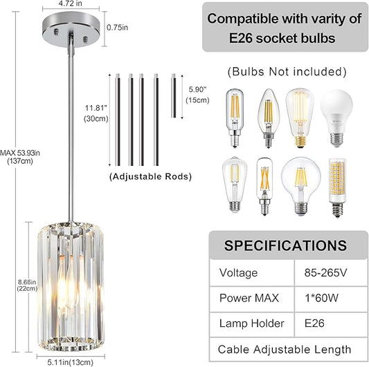 3-Pack Chrome Pendant Light Fixtures, Crystal Kitchen Pendant Lighting Over Island,Mini Modern Pendant Lights for Kitchen Island, Dining Room, Hallway, Foyer, Entryways