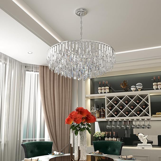 Modern Crystal Chandelier Chrome, 32" Round Luxury Top K9 Crystal Chandeliers 6-Tier 13 Lights Large Adjustable Height Ceiling Hanging Pendant Light Fixture for Living Room Bedroom Foyer