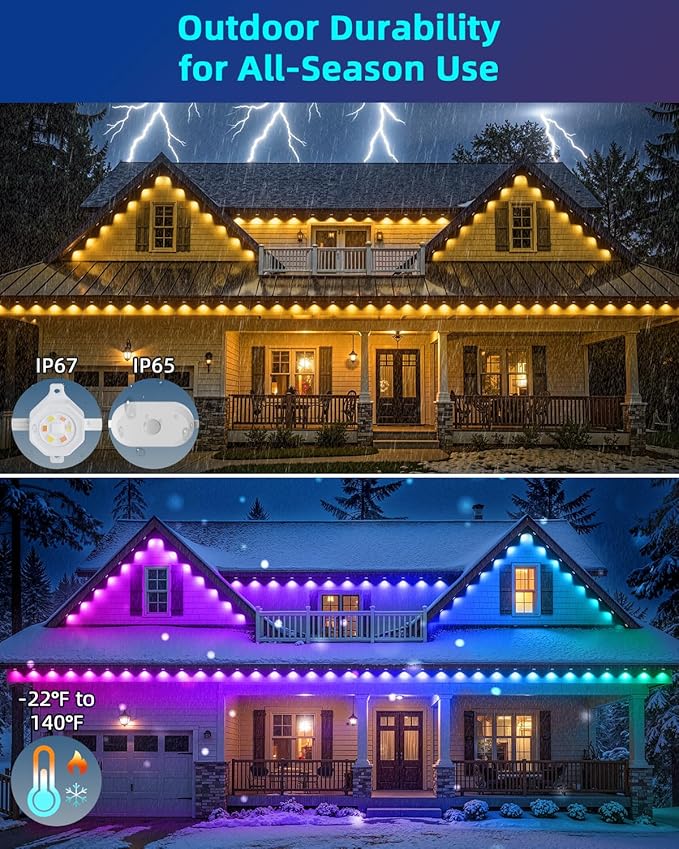 REYLAX Permanent Outdoor Lights Pro, 150ft with 108 Triple-LED 135lm, RGB+IC Smart Eaves Christmas Lights for House, IP67 Waterproof, Multi Scenes for Outdoor Decor, Works with Alexa, Google, Remote