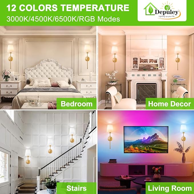 Depuley Battery Operated Wall Sconce: Set of 2 Wireless Wall Lights with 10000mAh Dimmable Bulbs and Remote for Bedroom - Rechargeable 15 Colors Gold Wall Lamp for Living Room Hallway