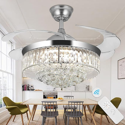 WWahuayuan 36" Chandelier Ceiling Fan Light, Modern Retractable Invisible Ceiling Fan Light Remote Control 4 Retractable ABS Blades for Bedroom Living Room Dining Room Decoration
