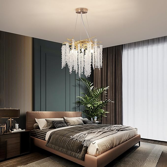 Tree Branches Chandeliers Luxury Round Raindrop Crystal Pendant Light Fixture 8 Light Tassel Ceiling Hanging Light for Dining Room Bedroom Living Room Entryway 15.8" Gold
