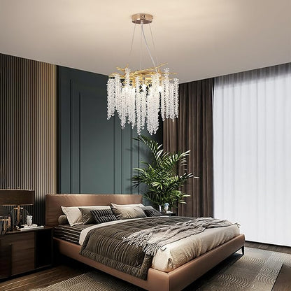 Tree Branches Chandeliers Luxury Round Raindrop Crystal Pendant Light Fixture 8 Light Tassel Ceiling Hanging Light for Dining Room Bedroom Living Room Entryway 15.8" Gold