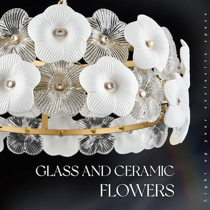 Flower Elegant Glass Chandeliers 4-Lights Modern Gold 14" Pendant Light Fixture for Kitchen Island Dining Room Bedroom Entryway Hallway, G9
