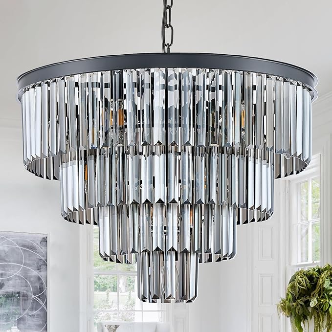 CATINER 24”Modern Black Crystal Chandeliers Ceiling Round Smoke Gray Crystal Chandelier Luxury 4-Tier 12 Lights Pendant Light Fixture Contemporary for Dining Room Foyer Staircase Living Room