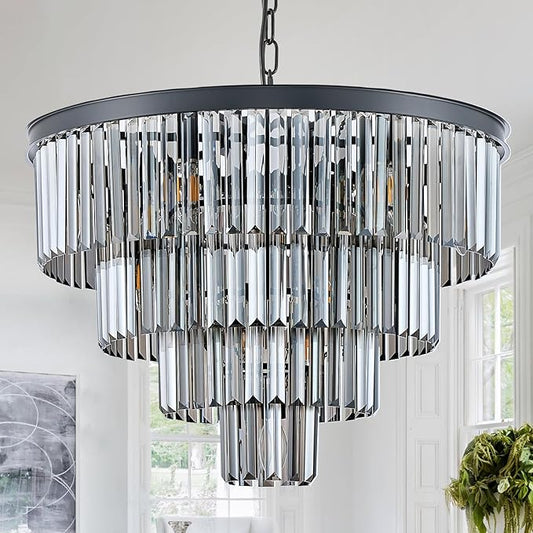 CATINER 24”Modern Black Crystal Chandeliers Ceiling Round Smoke Gray Crystal Chandelier Luxury 4-Tier 12 Lights Pendant Light Fixture Contemporary for Dining Room Foyer Staircase Living Room