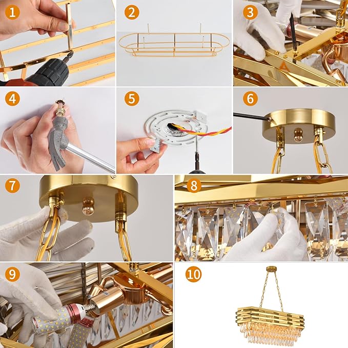 Gold Modern Crystal Chandeliers for Dining Room 8-Light Gold Chandelier Living Room Dining Room Chandelier Oval Ceiling Hanging Light Pendant Light Fixture for Kitchen Island Bar L32 inch