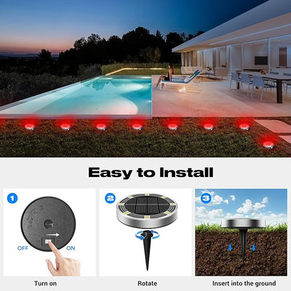 Peasur Mini Solar Ground Lights Outdoor, 8 Pack Flat Solar Powered Disc Lights, IP68 Waterproof, Anti-Rust, Landscape Lighting for Pathway Garden Yard Lawn Walkway Landscape Driveway, Red