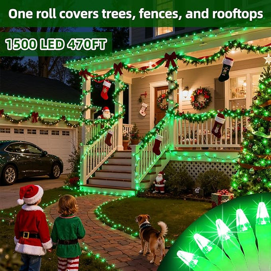 QUHUATU 1500 LED Chrstmas Lights, 470ft Outdoor Christmas String Lights with 12 Modes, Green LED String Lights with Timer Dimmable Waterproof for Tree Fence Garden Xmas Wedding Party Decor Green