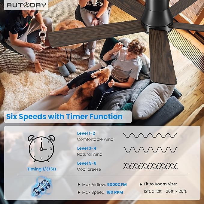 52 Inch Low Profile Ceiling Fan with Light, Black Flush Mount Ceiling Fans with Lights and Remote, 6 Speeds Reversible Quiet DC, 3CCT Dimmable, Indoor Outdoor Ceiling Fans for Patios Bedroom