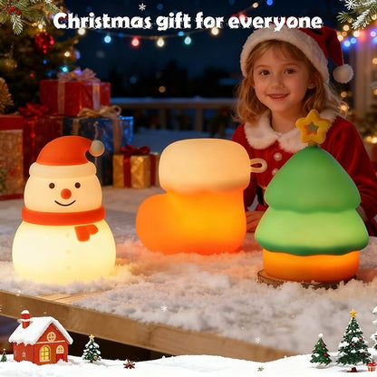 Christmas Night Light Set of 3,Rechargeable Dimmable Christmas Snowman Night Lamp,Cute Christmas Tree Decor Nightlight for Nursery Kids Hangable Squishy Silicone Boot Lights Gifts Holiday Decor
