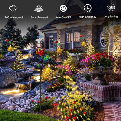 Mothers Day Gifts Solar Lights Outdoor, Watering Can with Cascading Lights, Watering Can with Hook Solar Lantern, Gardening Decor for Yard Patio, Gardening Gifts for Mom Grandma Women (2 Pack)