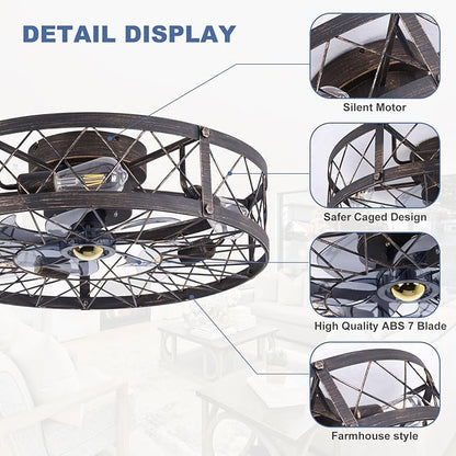 24" Farmhouse Flush Mount Caged Ceiling Fans with Lights, Rustic Low Profile Ceiling Fan with Light and Remote, Reversible DC Motor Bladeless Enclosed Ceiling Fan for Bedroom Laundry Room Kitchen