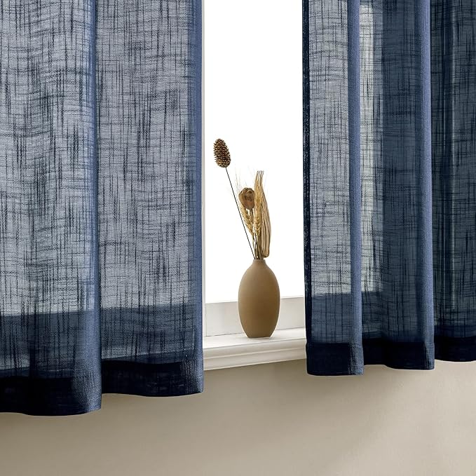 XTMYI Blue Cafe Curtains for Kitchen Window 36 Inch Length Faux Linen Look Short Small Semi Sheer Curtains for Bathroom Bedroom Navy Blue
