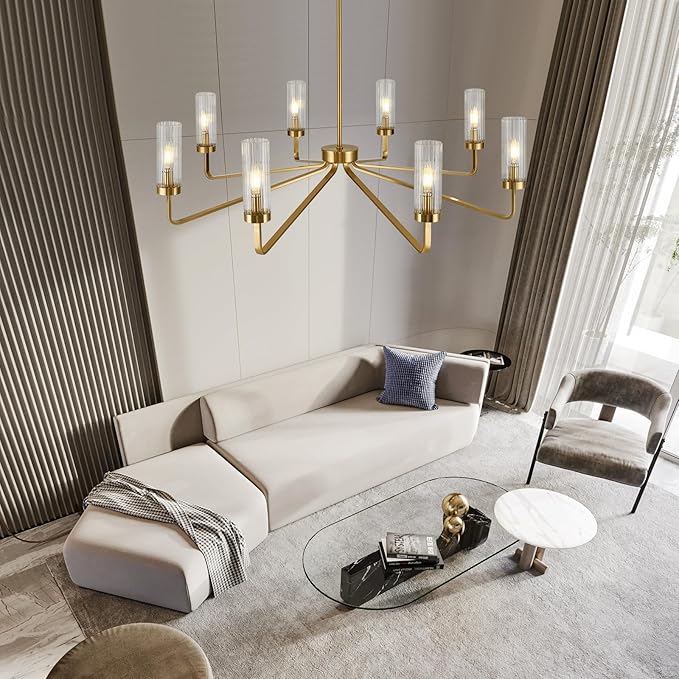 40" Brushed Gold Chandelier with Glass Shades, 8-Light Large Farmhouse Pendant Lights for Dining Room Living Room Bedroom Kitchen