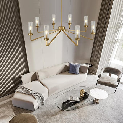 40" Brushed Gold Chandelier with Glass Shades, 8-Light Large Farmhouse Pendant Lights for Dining Room Living Room Bedroom Kitchen