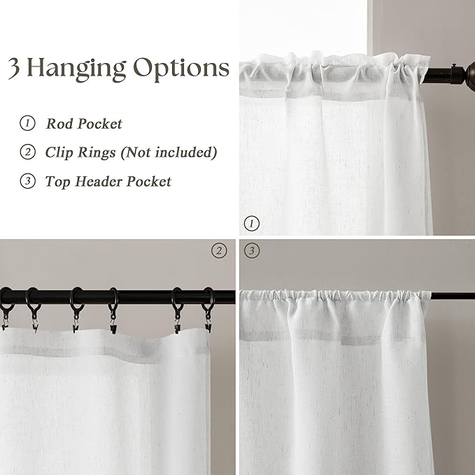 Farmhouse Kitchen Curtains with Rod Pocket 30 Inch Length 2 Panels Semi Sheer Privacy Rustic Flax Linen Short Curtains for Bathroom Cafe Camper Ivory White