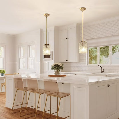 Modern Gold Pendant Light, Round Handmade Glass Kitchen Island Lighting, Mini Brushed Brass Cylinder Hanging Light Fixture for Dining Room Bedroom Hallway