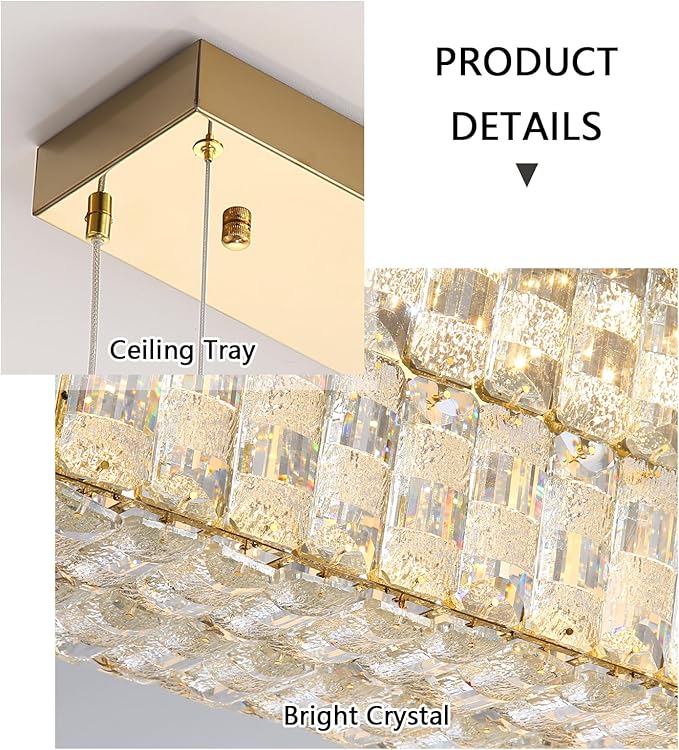 Rectangular Crystal Chandelier Glam Dimmable LED Crystal Chandeliers for Dining Room Linear Pendant Light with Remote Control for Kitchen Island Gold