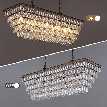 Wellmet Dining Room Crystal Chandelier, 48 Inch Antique Bronze Rectangle Chandeliers, 9 Lights Luxury Large Farmhouse Hanging Ceiling Light Fixtures for Kitchen Island, Living Room, Entryway
