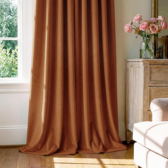 StangH Velvet Curtains 96 inches Long - Burnt Orange Holiday Home Decor Back Tab Blackout Privacy Assured Window Covering for Living Room Sliding Door, W52 x L96, 2 Panels