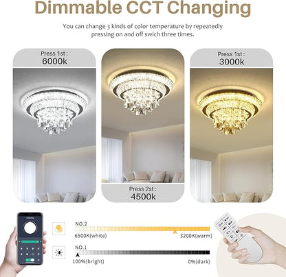 COCOSTAR 18 inch Flush Mount Crystal Chandeliers with Remote and APP, Modern Elegant LED Crystal Raindrop Ceiling Light Fixture, 3CCT Dimmable, for Living Room Kitchen Island Bedroom Entryway Foyer