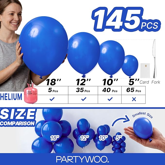 PartyWoo Royal Blue Balloons 145pcs Different Sizes Pack of 18 12 10 5 Inch Dark Blue Balloon Arch Kit for Baby Shower Gender Reveal Graduation Under The Sea Birthday Party Decorations Blue-Y59