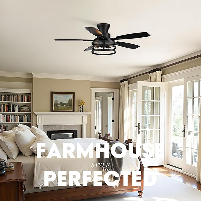42 Inch Flush Mount Ceiling Fans with Lights and Remote Control, Farmhouse Ceiling Fan with LED Lighting for Bedroom Living Room and Patio, Black Caged Ceiling Fan for Indoor and Outdoor(NO Bulbs)