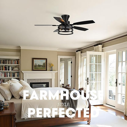42 Inch Flush Mount Ceiling Fans with Lights and Remote Control, Farmhouse Ceiling Fan with LED Lighting for Bedroom Living Room and Patio, Black Caged Ceiling Fan for Indoor and Outdoor(NO Bulbs)