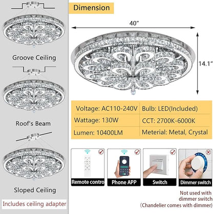 40'' Modern Chandeliers for Living Room Crystal Large Chandelier Ceiling Light Fixture LED Dimmable with Remote Pendant Lighting Flush Mount Lighting for Dining Room Bedroom Silver