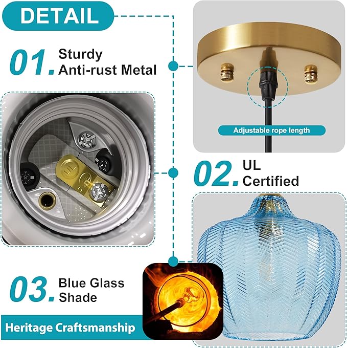 Modern Gold Pendant Light, Blue Glass Farmhouse Kitchen Island Pendant Light Fixture Adjustable Vintage Hanging Ceiling Light for Dining Room Corridor 9.45 inch 1 Pack, UL Certification