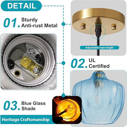Modern Gold Pendant Light, Blue Glass Farmhouse Kitchen Island Pendant Light Fixture Adjustable Vintage Hanging Ceiling Light for Dining Room Corridor 9.45 inch 1 Pack, UL Certification