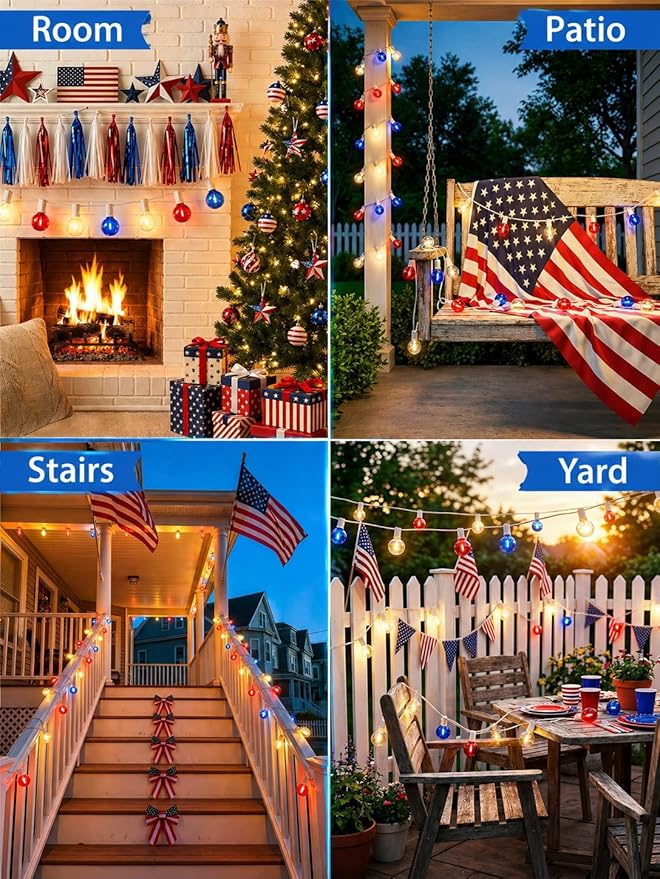 4th of July String Lights, 25FT Outdoor Patio Lights with 27 LED G40 Red White Blue Bulbs (2 Spare), Waterproof Connectable Lights for Patriotic Party Garden Decor