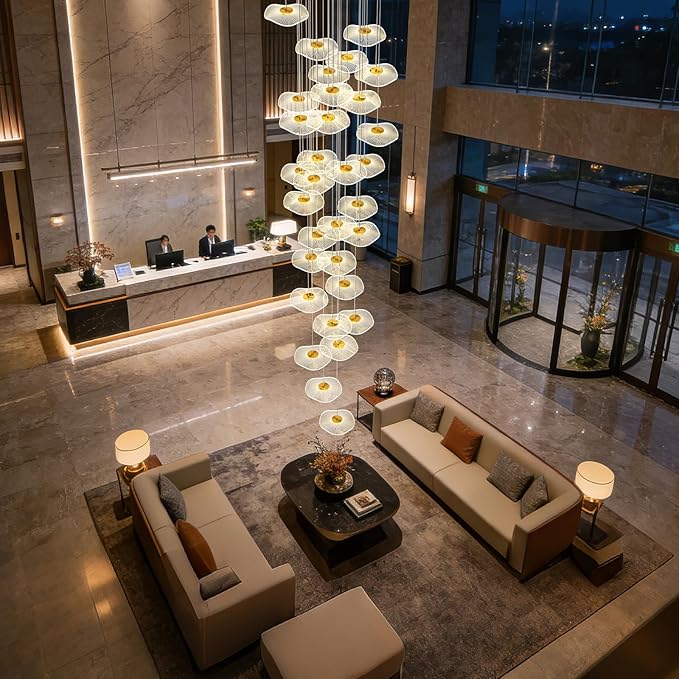 ziidoo High Ceiling Chandelier - 32-Light Dimmable Modern Gold Long Spiral Luxury Linear Lotus Leaf Led Lamp Hanging Pendant Lights for Foyer Enterway Staircase Villas