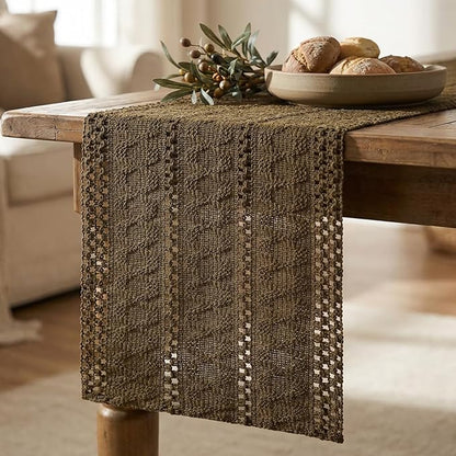 Artoid Mode Light Coffee Farmhouse Woven Rustic Hollow Table Runner, Seasonal Holiday Hollow Kitchen Dining Table Decoration for Home Party Decor 12x48 Inch