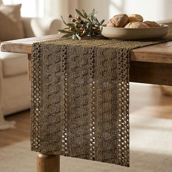 Artoid Mode Light Coffee Farmhouse Woven Rustic Hollow Table Runner, Seasonal Holiday Hollow Kitchen Dining Table Decoration for Home Party Decor 12x108 Inch