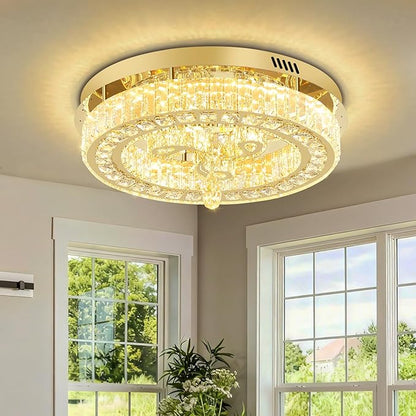 20'' Gold Modern Crystal Chandelier LED Dimmable Flush Mount Crystal Ceiling Light for Living Room Bedroom Dining Room
