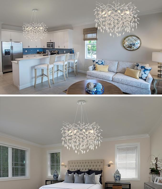 Tree Branches Chandeliers Luxury Round Crystal Pendant Light 8 Light Ceiling Hanging Light for Dining Room Bedroom Living Room Entryway 23.7" Silver