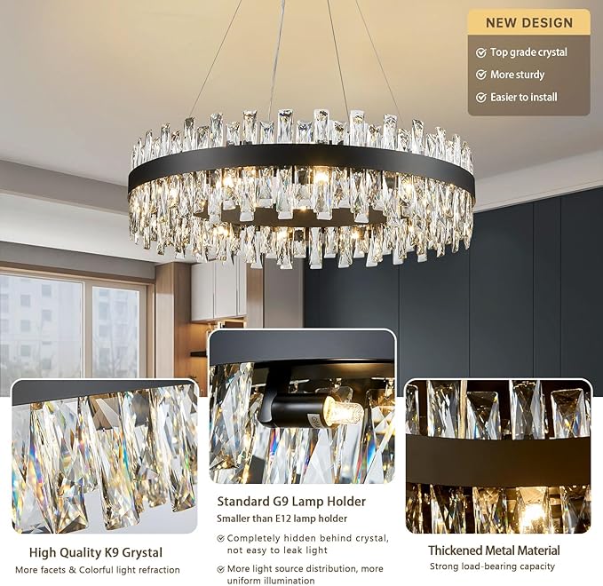 Modern Black Crystal Chandelier Lights, Round K9 Crystal Raindrop Chandelier, Pendant Ceiling Light for Dining Living Room Bedroom Entryway, Diameter 30 inches