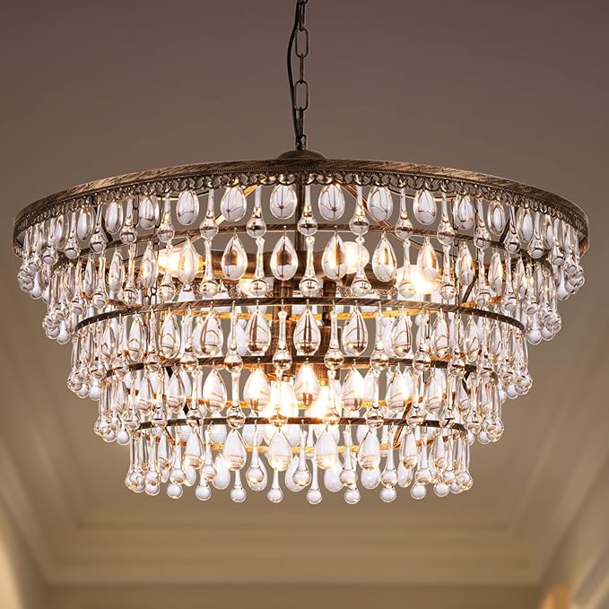Wellmet Crystal Chandelier Farmhouse 5 Tiers Crystal Light Fixtures Hanging Modern Bronze Ceiling Pendant Light, Chandeliers for Dining Room, Kitchen Island, Bedroom, Foyer, Entryway, Bar, W28-inch