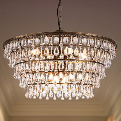 Wellmet Crystal Chandelier Farmhouse 5 Tiers Crystal Light Fixtures Hanging Modern Bronze Ceiling Pendant Light, Chandeliers for Dining Room, Kitchen Island, Bedroom, Foyer, Entryway, Bar, W28-inch