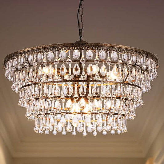 Wellmet Crystal Chandelier Farmhouse 5 Tiers Crystal Light Fixtures Hanging Modern Bronze Ceiling Pendant Light, Chandeliers for Dining Room, Kitchen Island, Bedroom, Foyer, Entryway, Bar, W28-inch