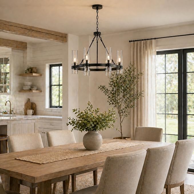 22 Inch Black Wagon Wheel Chandelier with Glass Shade, 6 Lights, Modern Farmhouse Style, Ideal for Dining Room, Kitchen, Entryways