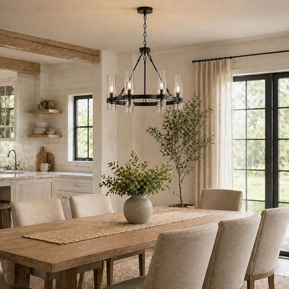 22 Inch Black Wagon Wheel Chandelier with Glass Shade, 6 Lights, Modern Farmhouse Style, Ideal for Dining Room, Kitchen, Entryways