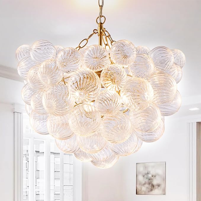 Longree Nordic Bubble Ball Swirled Glass Chandelier, Dia 20 inch Gild Gold and Clear Blown Glass Small Pendant Light Fixture for Bedroom Study Restaurant