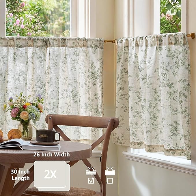 jinchan Amlie Floral Kitchen Curtains 30 Inch Length Linen Cafe Curtains Small Window Drapes Light Filtering Botanical Farmhouse for Bedroom Bathroom Rod Pocket 2 Panels Sage Green on Linen