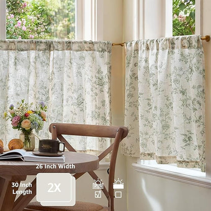 jinchan Amlie Floral Kitchen Curtains 30 Inch Length Linen Cafe Curtains Small Window Drapes Light Filtering Botanical Farmhouse for Bedroom Bathroom Rod Pocket 2 Panels Sage Green on Linen