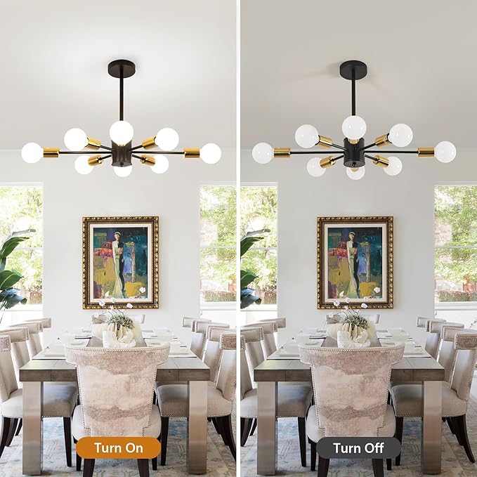 DELIPOP Modern Sputnik Chandelier, 8-Light Industrial Metal Semi Flush Mount Ceiling Light, E26 Base Sputnik Ceiling Light Fixture for Dining Room Bedroom Foyer Hallway Living Room