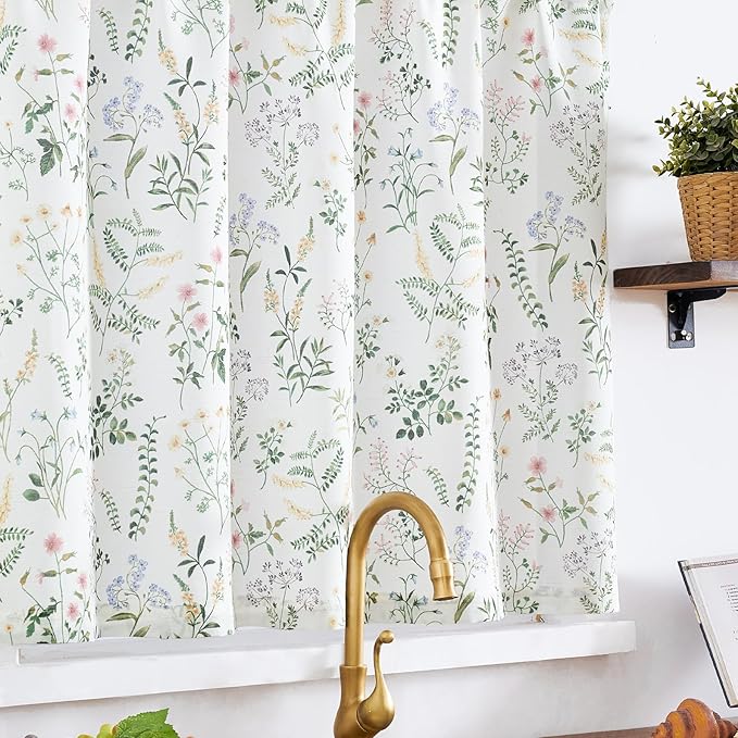 jinchan Spring Floral Kitchen Curtain Over Sink Farmhouse Linen Tier Curtain 24 Inch Length Cafe for Living Room Bathroom Botanical Small Drapes Rustic Light Filtering Rod Pocket 1 Panel Sage Green