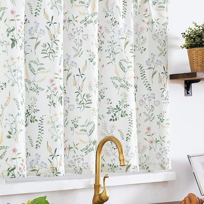 jinchan Spring Floral Kitchen Curtain Over Sink Farmhouse Linen Tier Curtain 24 Inch Length Cafe for Living Room Bathroom Botanical Small Drapes Rustic Light Filtering Rod Pocket 1 Panel Sage Green